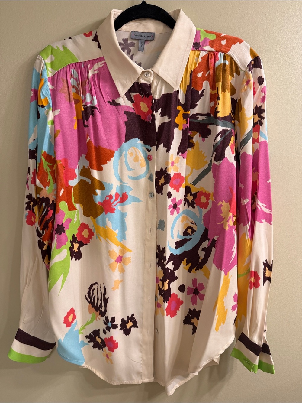 Anthropologie Cream Button-Front Blouse with Multicolor Floral Print